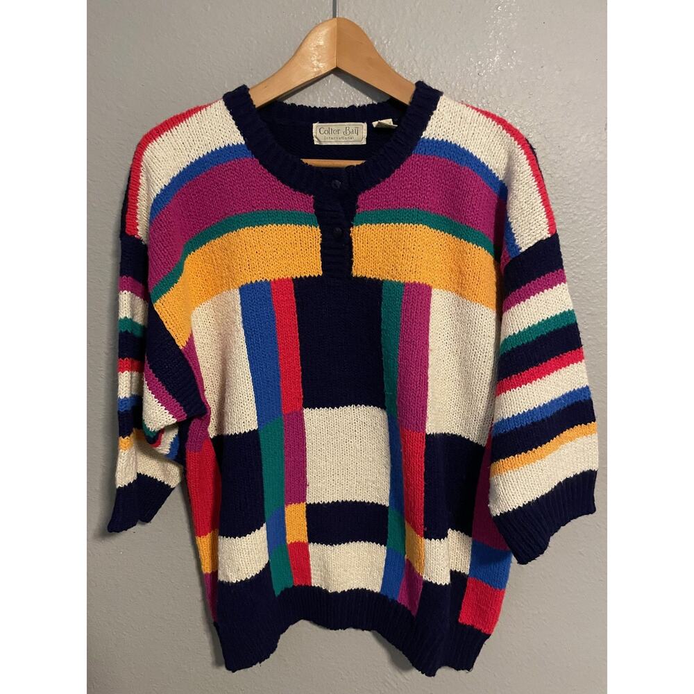Vintage Colter Bay Sweater Womens 3X Multicolor Henley Knit Dopamine Artsy 80s